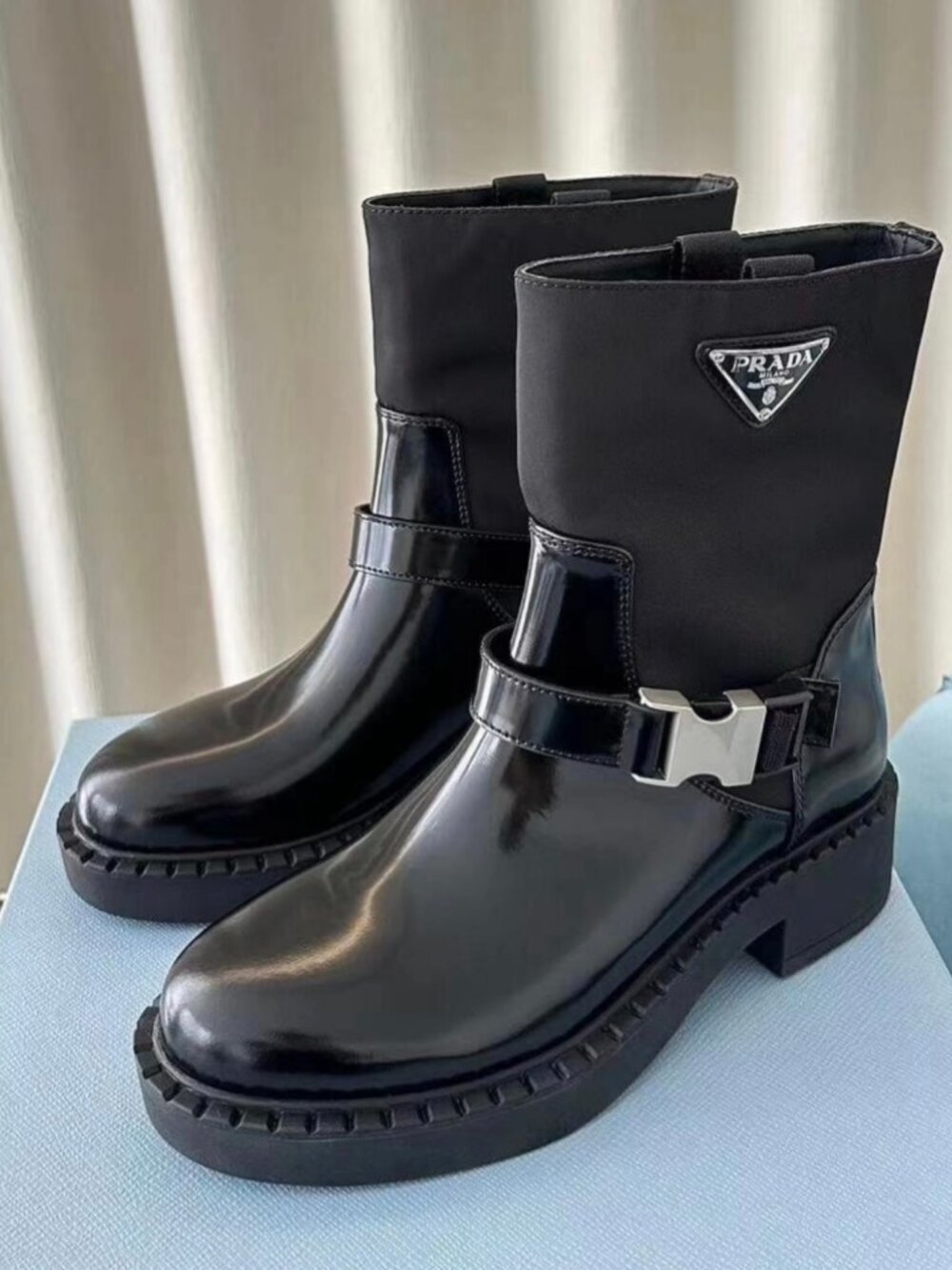 Prada Black Mixed Material Moto Ankle Boots